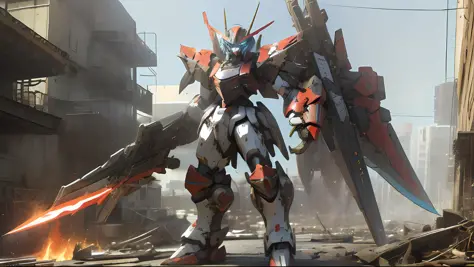 masterpiece, best quality, mecha, no humans, (full body), (black armor mecha:1.5), (Axisymmetric:1.4),(HDR), (cinematic light:1.1), blue eyes, science fiction, fire, laser canon beam, war, conflict, destroyed city background holding weapon,(holding huge we...