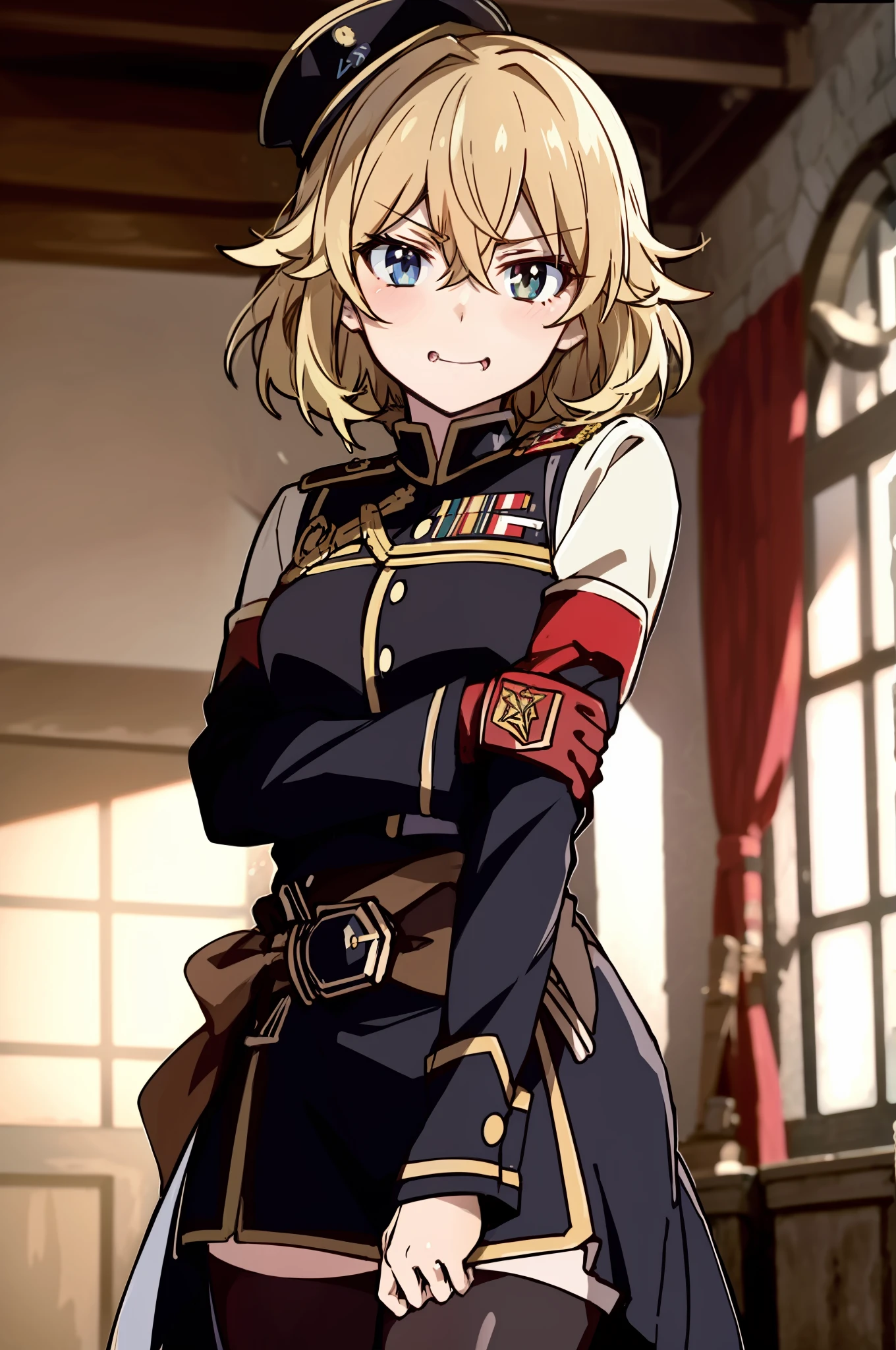 1 Frau, Allein, tanya degurechaff, Anime-Serie, Tanya die Böse, UdSSR-Uniform, verrücktes Gesicht, böses Gesicht