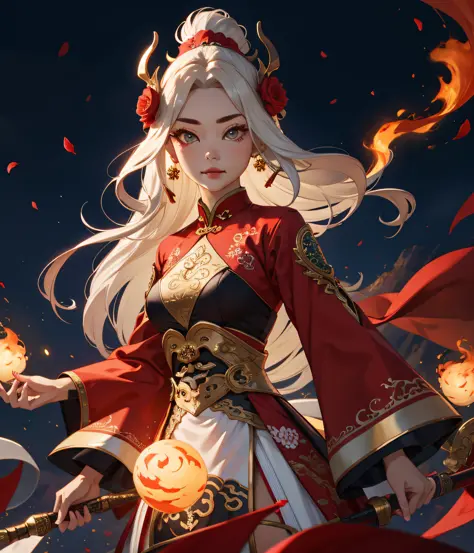 1girl, liuyun, fire ball, long hair, floating hair, hair flower, eastern dragon, red and white, upper body, looking at viewer,