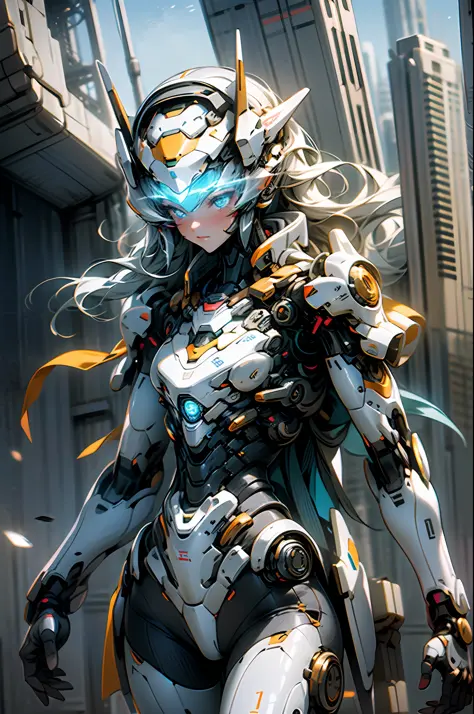 In a world where futuristic technology and fantasy are intertwined, a mecha girl proudly appears. She is dressed in high-tech full-body mecha armor, made of magnesium alloy and advanced nanomaterials, shining with a metallic sheen. The armor's design combi...