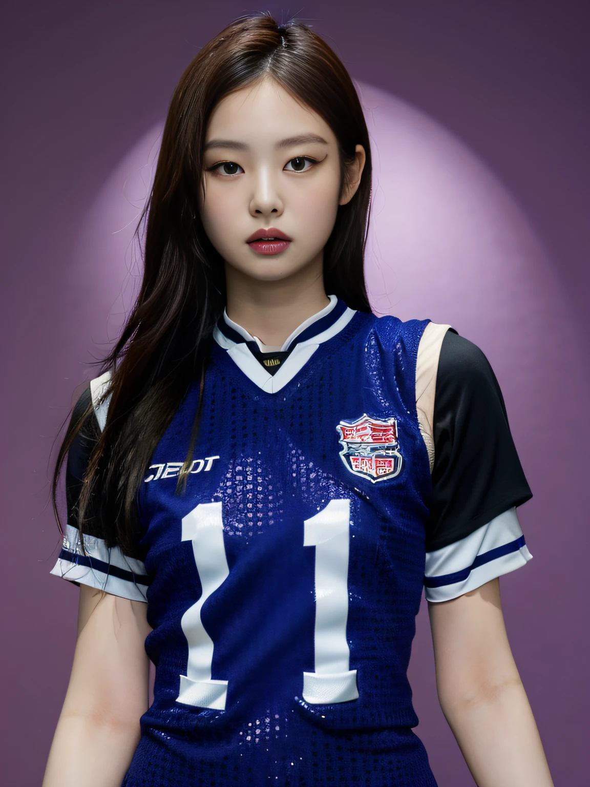 chef-d&#39;œuvre, superlatif, Réaliste, Jennie portant un uniforme de football tendance, gilet, HD, éclairage photographique, 16k