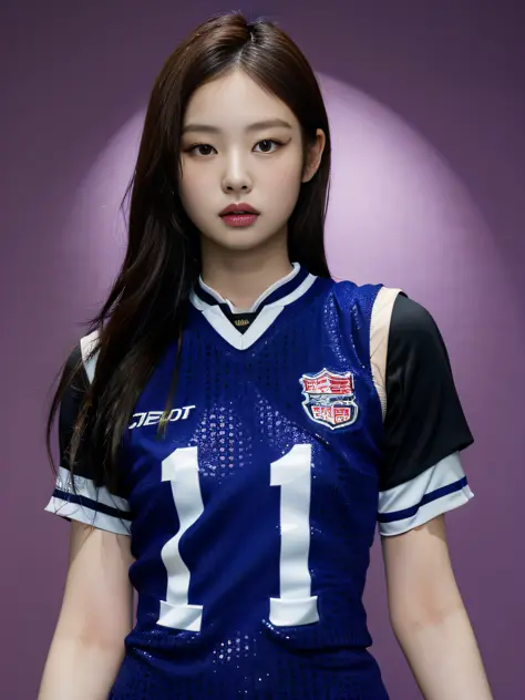 Masterpiece, superlative, realistic, Jennie wearing trendy football uniform, vest, HD, photography lighting, 16k