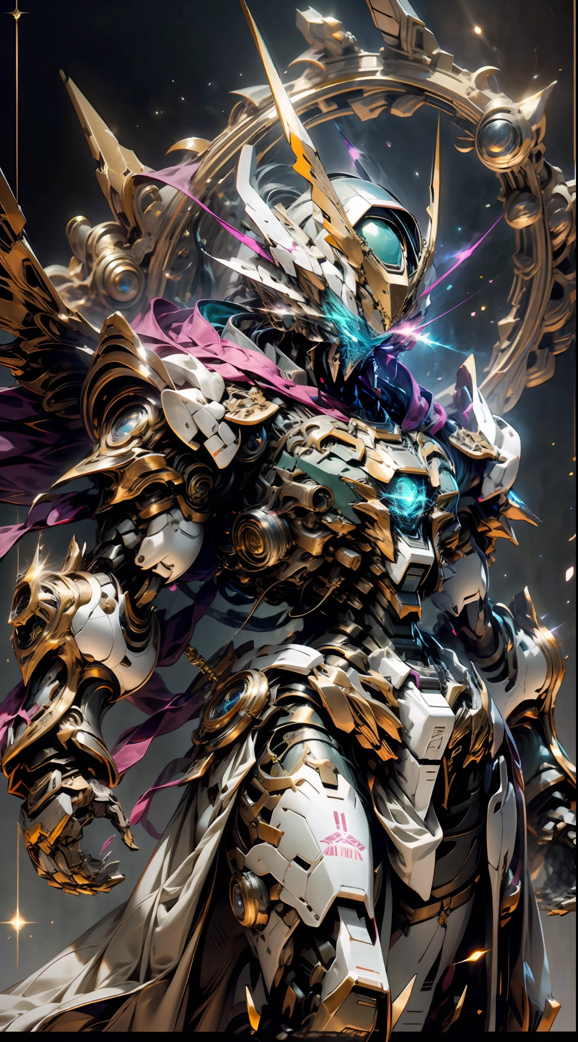 A Dragon Emperor in the Milky Way, Sun Surface on background, Golden Saint Seiya Limb Armor, (Cloak), (Dragon Symbol: 1.5), (Gundam Exia: 1.5), (Starry Sky: 1.8) (Mecha) (Mechanical) (Armor), (Open leg: 1.3), Perfect, (Wide Angle), (Black Background: 1.6), Best Quality, Masterpiece, Super Resolution, (Reality: 1.4), Crazy Detail, Unrealistic Engine Style, Boca Effect, David La Chapelle style lens, bioluminescent palette: light blue, light gold, light pink, bright white, wide angle, ultra-fine, cinematic still life, vibrant, Sakimichan style, perfect eyes, highest image quality 8K, inspired by Harry Winston, Canon EOS R 6 shooting masterpiece "Chaos 50,--, under eye mole, ray tracing, surrealism, textured skin --s2