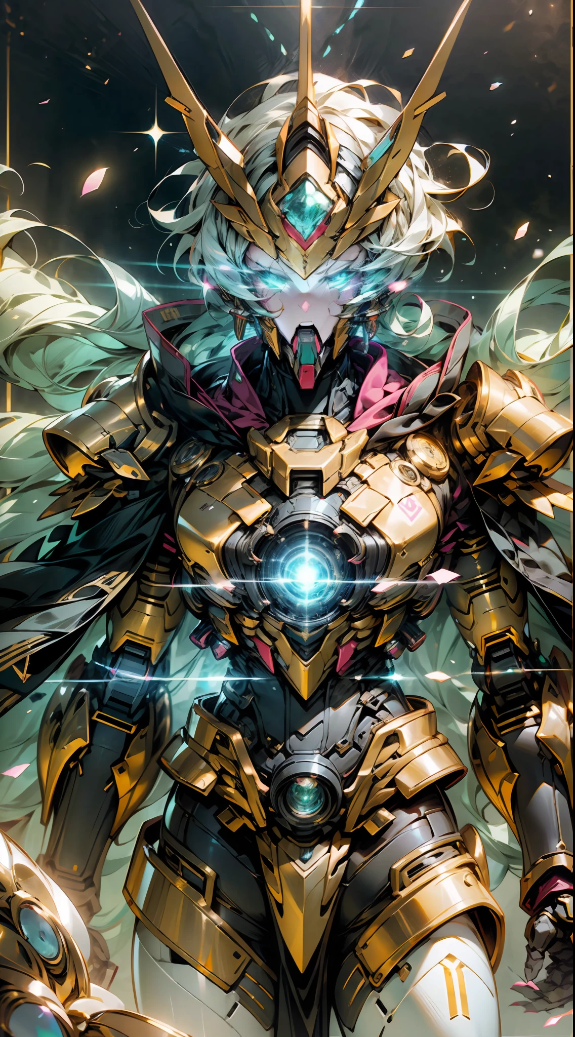 A Dragon Emperor in the Milky Way, Sun Surface on background, Golden Saint Seiya Limb Armor, (Cloak), (Dragon Symbol: 1.5), (Gundam Exia: 1.5), (Starry Sky: 1.8) (Mecha) (Mechanical) (Armor), (Open leg: 1.3), Perfect, (Wide Angle), (Black Background: 1.6), Best Quality, Masterpiece, Super Resolution, (Reality: 1.4), Crazy Detail, Unrealistic Engine Style, Boca Effect, David La Chapelle style lens, bioluminescent palette: light blue, light gold, light pink, bright white, wide angle, ultra-fine, cinematic still life, vibrant, Sakimichan style, perfect eyes, highest image quality 8K, inspired by Harry Winston, Canon EOS R 6 shooting masterpiece "Chaos 50,--, under eye mole, ray tracing, surrealism, textured skin --s2