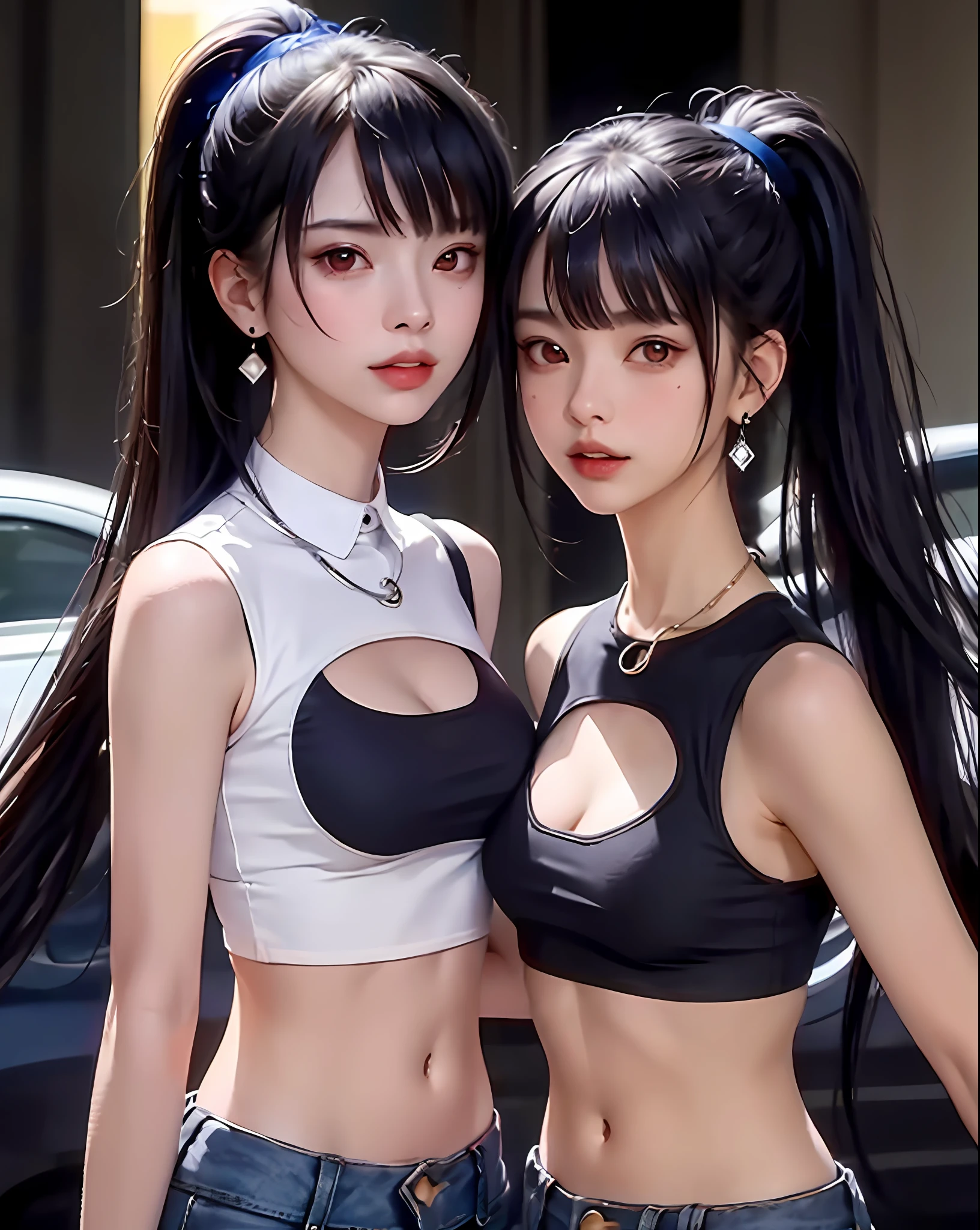 (Masterpiece, Best Quality, 1 Girl, Solo, Intricate Details, Chromatic Aberration), (Reality), (Skin), 1 Girl Shizuku High Ponytail, ((Middle Breath)), (Brunet, Blunt Bangs), Detailed Hair, Red Headjewelry, Blue Highlight, Hair More Than One Eye, Red Eye, Small Earrings, Sharp Eyes, Necklace, ((Black Crop Top Cutout)), Jeans, (Symmetrical Eyes), (Perfectly Symmetrical Body), Night, ((Natural Light))), Backlight, against gray walls, dim light, standing, (Looking at the viewer), ((Center shot, from the front, (face and waist) pronounced chest line Deep V sexy