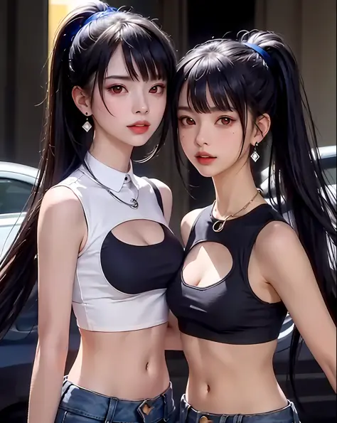 (Masterpiece, Best Quality, 1 Girl, Solo, Intricate Details, Chromatic Aberration), (Reality), (Skin), 1 Girl Shizuku High Ponytail, ((Middle Breath)), (Brunet, Blunt Bangs), Detailed Hair, Red Headjewelry, Blue Highlight, Hair More Than One Eye, Red Eye, ...