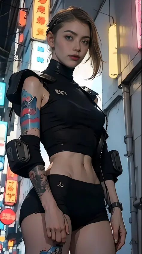 ((Best quality)), ((masterpiece)), (highly detailed:1.3), 3D, beautiful (cyberpunk:1.3) hacker woman with short straight blonde hair operating a computer terminal, nsfw, tattoo, night
