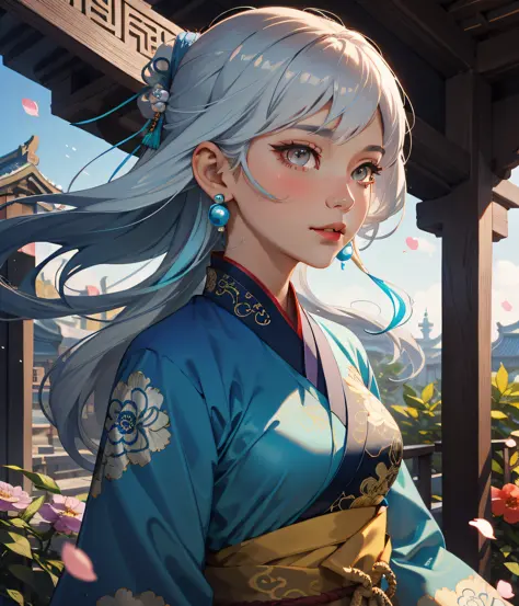 Mature girl , dark orange eyes, blue and white hair color, floating hair, delicate and smart eyes, intricate damask hanfu, gorge...