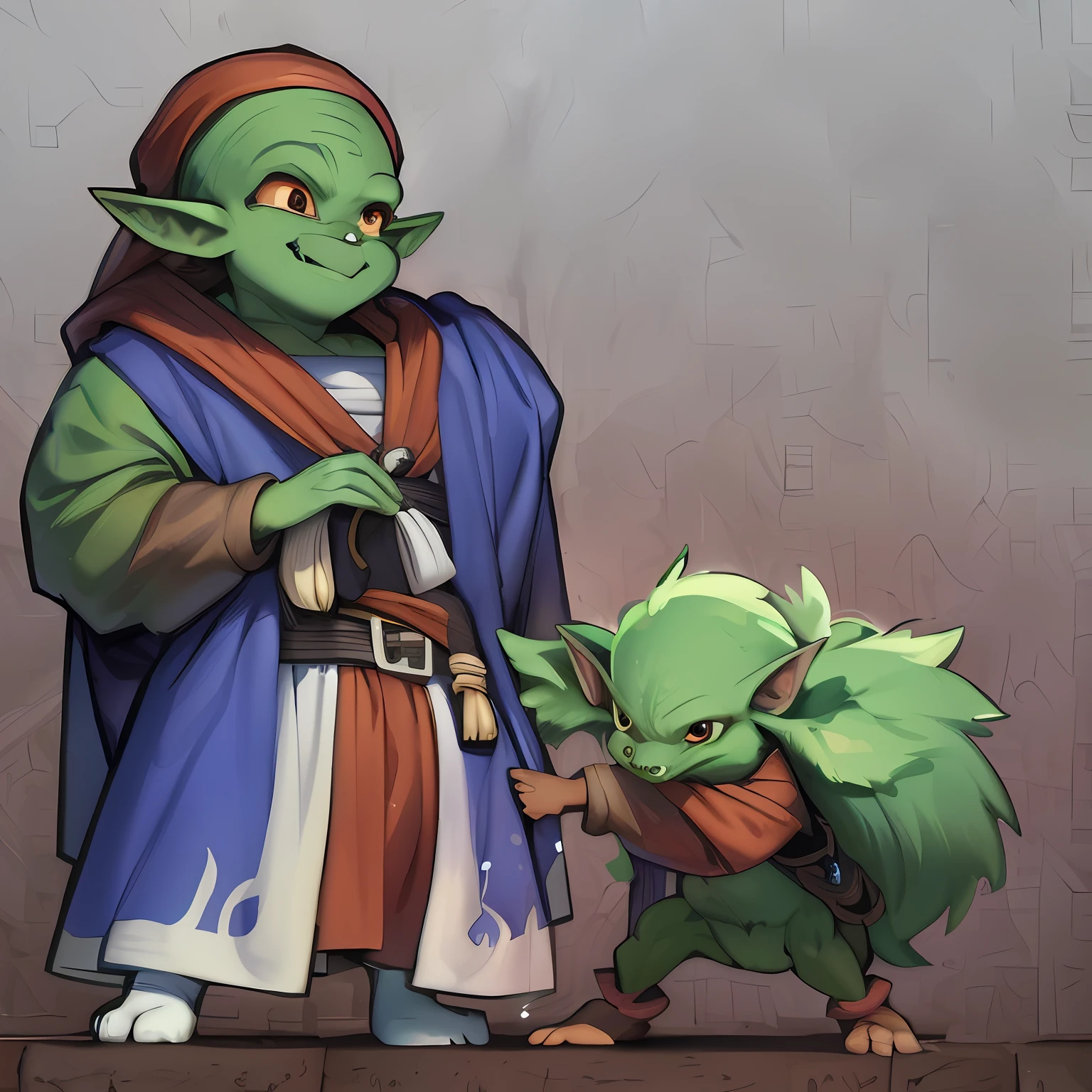 there is a cartoon of a man and a green creature, d&d goblin rogue, goblin art, medium portrait of a goblin, goblin, gnome druid, portrait of a goblin, drak fantasy goblin, a goblin pirate, jazza and rossdraws, goblins, goblin girl dnd character, high quality dnd illustration, full color illustration