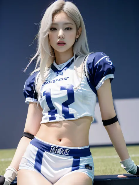 Masterpiece, superlative, realistic, Jennie wearing trendy football uniform, white hair, vest, HD, photography lighting, 16k