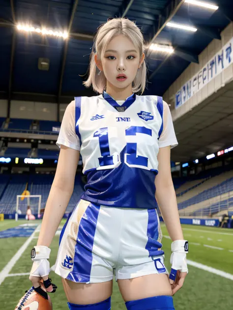 masterpiece, superlative, realistic, jennie wearing trendy football uniform, white hair, vest, hd, photography lighting, 16k