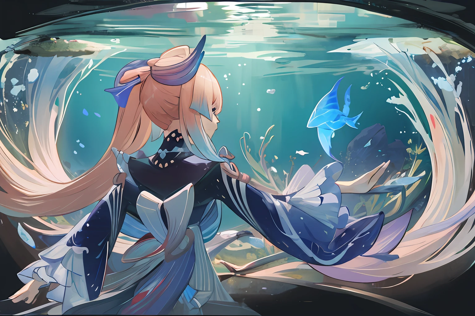 sangonomiya kokomi, genshin impact, underwater, blue, fishes, swimming, long hair, sangonomiya kokomi (genshin impact), aesthetic, ultra hd, masterpiece