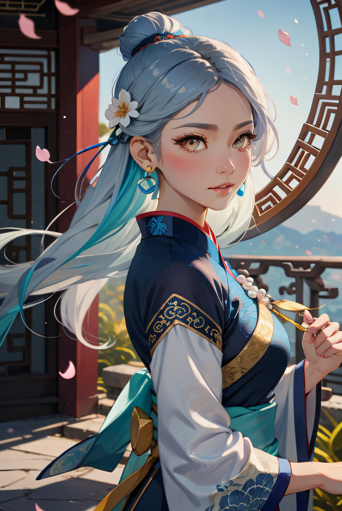 Mature girl , dark orange eyes, blue and white hair color, floating hair, delicate and smart eyes, intricate damask hanfu, gorgeous accessories, wearing pearl earrings, fov, f/1.8, masterpiece, ancient Chinese architecture, blue sky, flower petals flying, front portrait shot, Chang'e, side lighting, sunlight on people, 8K