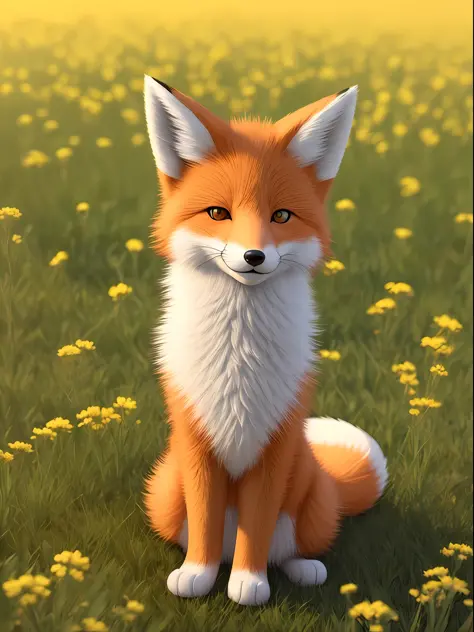 character, little fluffy fox art, 3d disney-pixar style, sitting in meadow, yellow background, cute, --auto