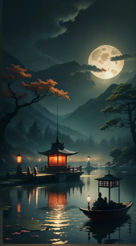 Masterpiece, best quality, Chinese martial arts style, Asian night view with lanterns and water lilies, Asian pond night view with many lanterns and boats with many lights and boats in water, lake, lotus, beautiful night view, (((Chinese martial arts style...