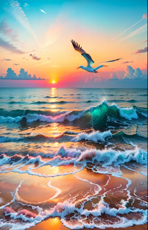 An absolutely mesmerizing sunset on the beach, with a mix of orange, pink, and yellow in the sky. The water is crystal clear, gently kisses the coast, and the white sand is endless. The scene is dynamic and breathtaking, with seagulls soaring high in the s...