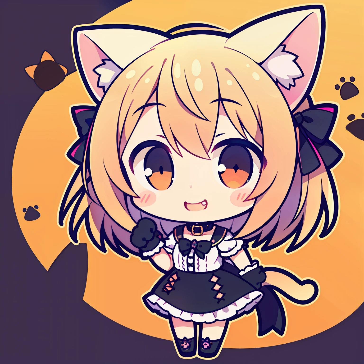 garota, sorriso fofo, orelhas de gato, cauda, cabelo medio, camisa branca de manga curta com gola, Vestido preto, luvas de design de pata de gato, bombas, chibi