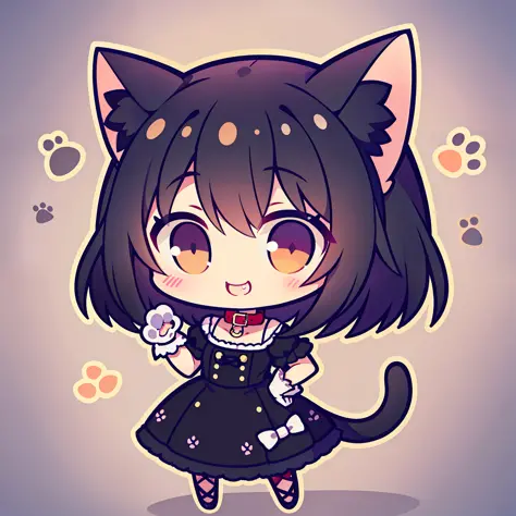 Girl, cute smile, cat ears, tail, medium hair, white short-sleeved shirt with collar, black dress, cat paw design gloves, pumps, chibi