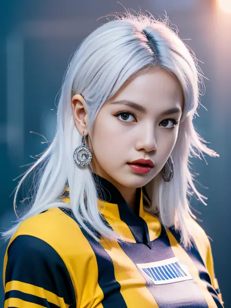 masterpiece, superlative, realistic, jennie wearing trendy football uniform, white hair, vest, hd, photography lighting, 16k