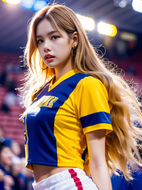 Masterpiece, superlative, realistic, Jennie wearing trendy football uniform, long yellow hair, vest, HD, photography lighting, 1...