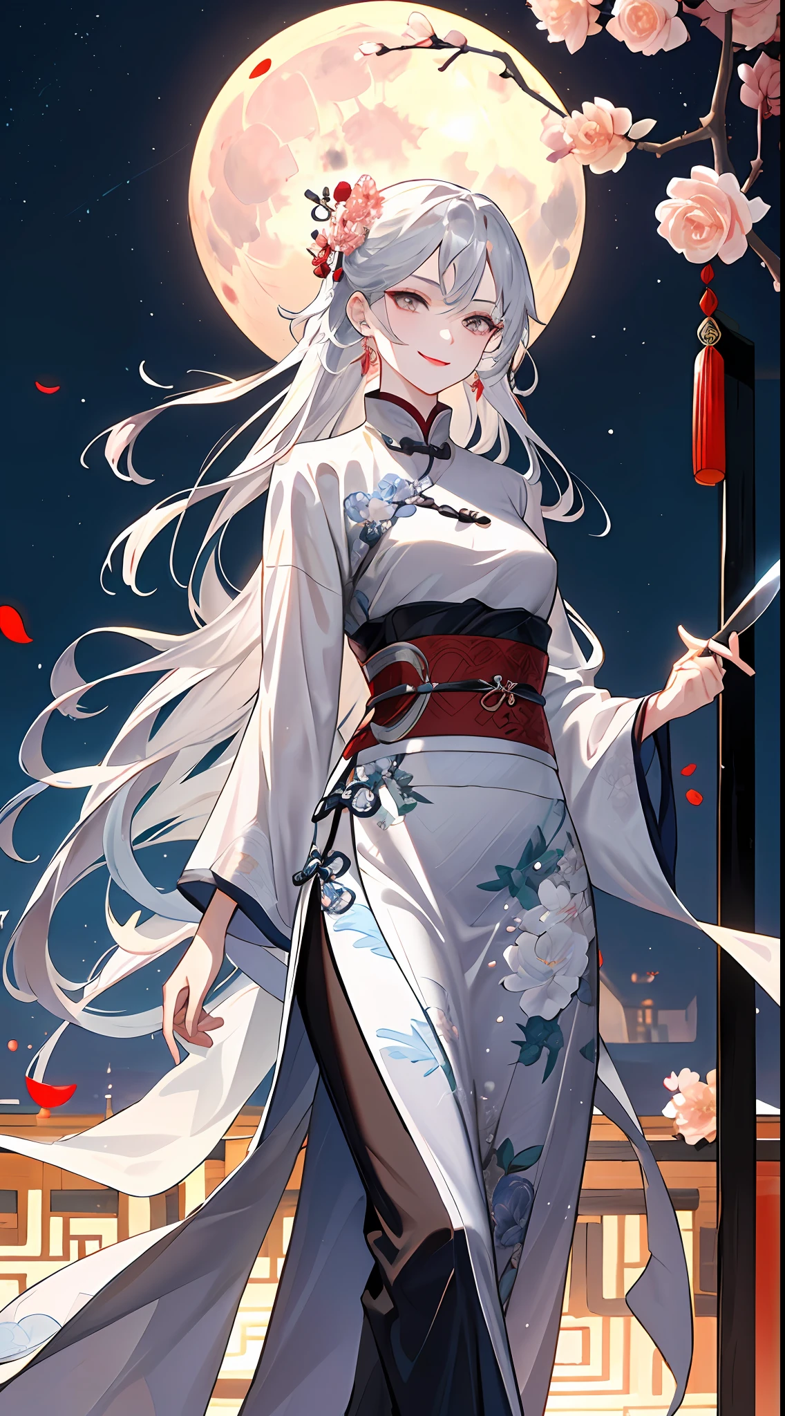 Masterpiece, Superb Beauty, Night, Full Moon, 1 Woman, Mature Woman, Chinese Style, Ancient China, Sister, Royal Sister, Smile, Silver-White Long-Haired Woman, Pale Pink Lips, Calm, Intellectual, Three Bands, Gray Eyes, Assassin, Short Knife, Flower Ball Background, Walking Street View