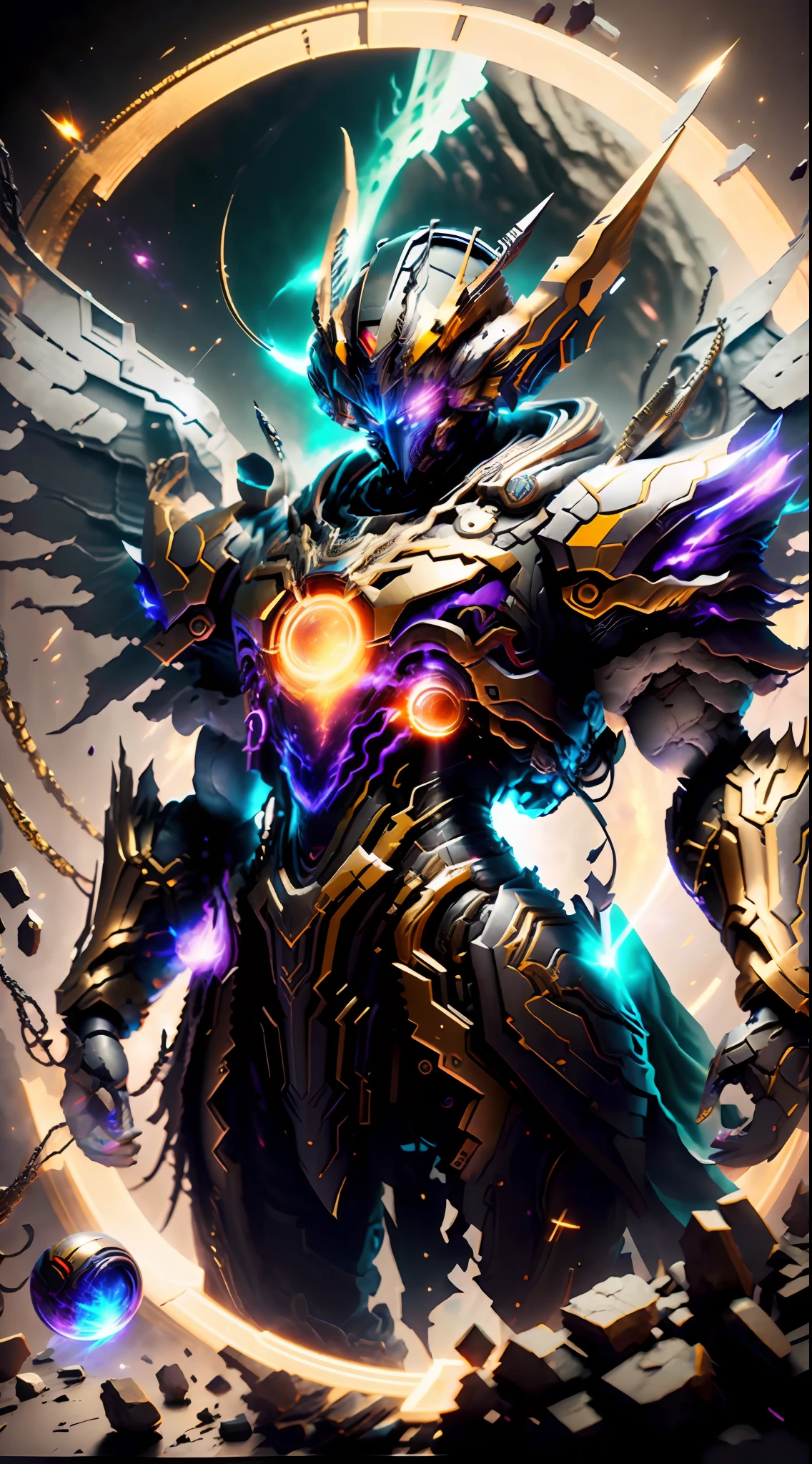 Un Emperador Dragón en la Galaxia, (Halo: 1.8), (Luz redonda: 1.7), Gold Saint Seiya Limb armadura, (Cloak: 1.5), (símbolo del dragón: 1.5), (Gundam 00 Gundam Exia: 1.5), (campo de estrellas: 1.8) (mecha) (mechanical) (armadura), (pierna abierta: 1.3), Perfecto, (gran angular), (fondo negro: 1.6), mejor calidad, Obra maestra, súper resolución, (realidad: 1.4), Detalle loco, estilo de motor poco realista, efecto boca, Lente estilo David La Chapelle, paleta bioluminiscente: azul claro, Luz de oro, Rosa palido, blanco brillante, gran angular, super fine, bodegón cinematográfico, vibrante, estilo sakimichan, ojos perfectos, máxima calidad de imagen 8K, inspirado en harry winston, Obra maestra de disparo de Canon EOS R 6 "Caos 50,--, lunar debajo del ojo, trazado de rayos, surrealism, piel texturizada --t2