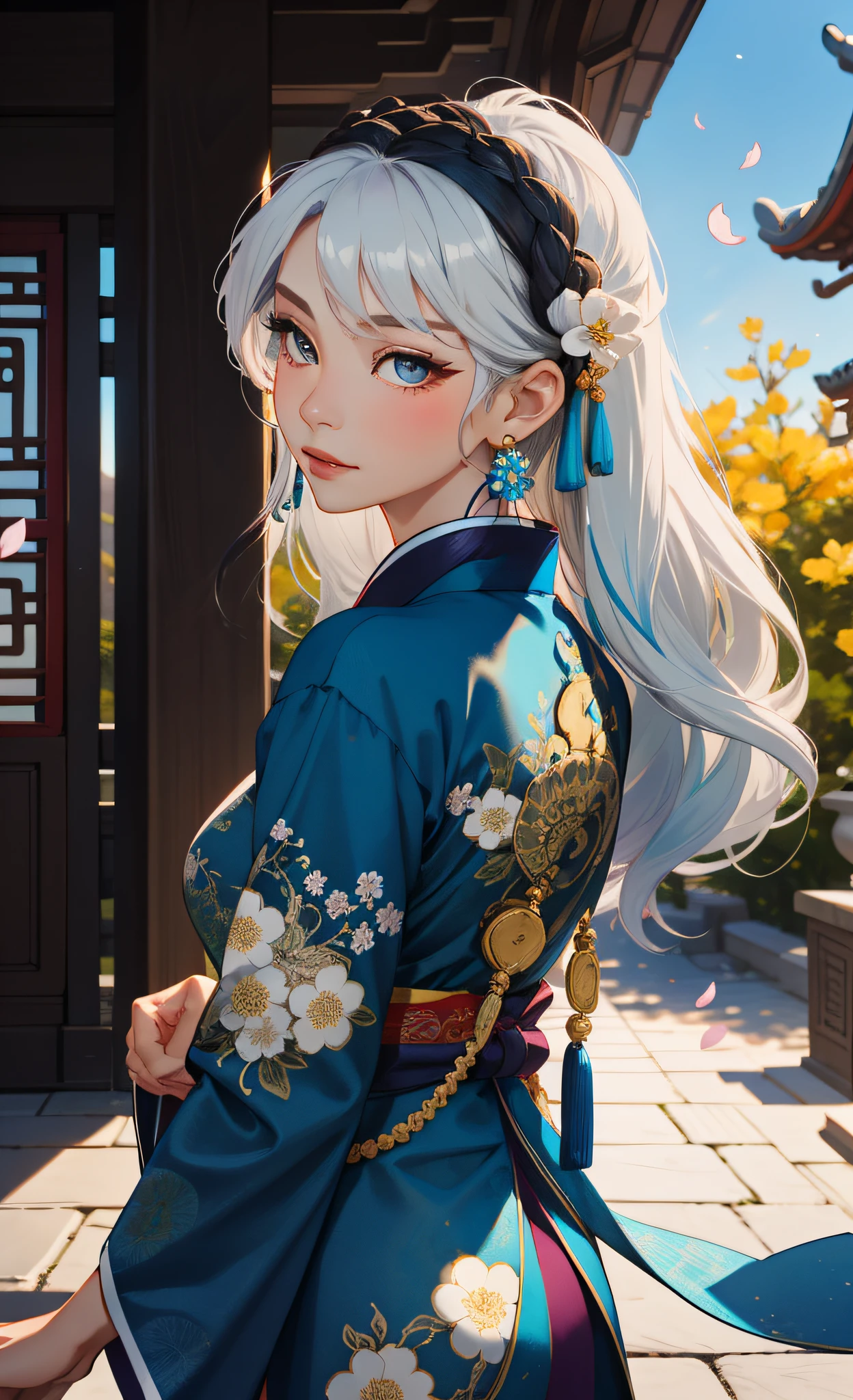 Mature girl, blue and white hair color, floating hair, delicate and flexible eyes, intricate brocade hanfu, gorgeous accessories, wearing pearl earrings, FOV, f/1.8, masterpiece, ancient Chinese style architecture, blue sky, flower petals flying, front portrait shot, Chang'e, side lighting, sunlight shining on people