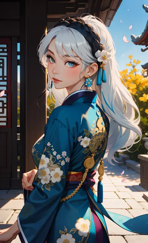 mature girl, blue and white hair color, floating hair, delicate and flexible eyes, intricate brocade hanfu, gorgeous accessories...