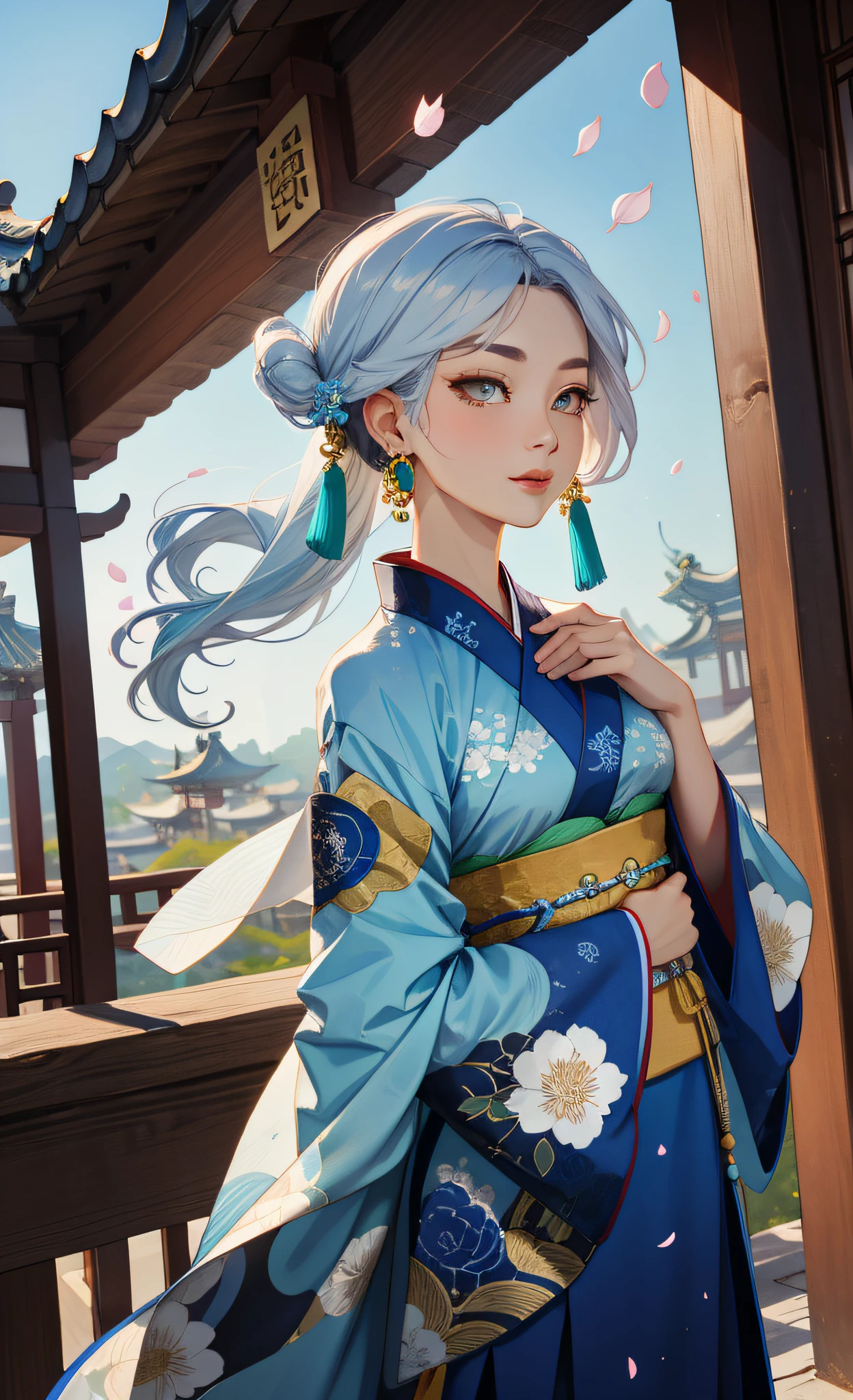 Mature girl, blue and white hair color, floating hair, delicate and flexible eyes, intricate brocade hanfu, gorgeous accessories, wearing pearl earrings, FOV, f/1.8, masterpiece, ancient Chinese style architecture, blue sky, flower petals flying, front portrait shot, Chang'e, side lighting, sunlight shining on people