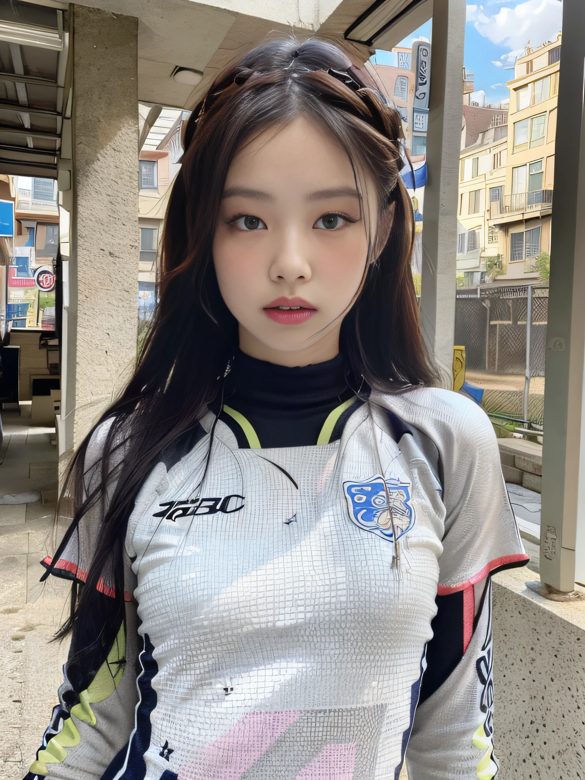 (1girl:1.3), Solo, __body-parts__, Kim Ji-ni Jennie face, wearing trendy brand, football uniform, world-weary face, cold eyes, Korean style photo photo, photography lighting, strong contrast, sunlight on the face, world-weary face, high-class sense, cold eyes, feminine, cement gray background, 8k resolution image, intricate symmetrical details. The whole picture goes forward, mainly a woman standing all over her body, with smooth movements and a complete picture.