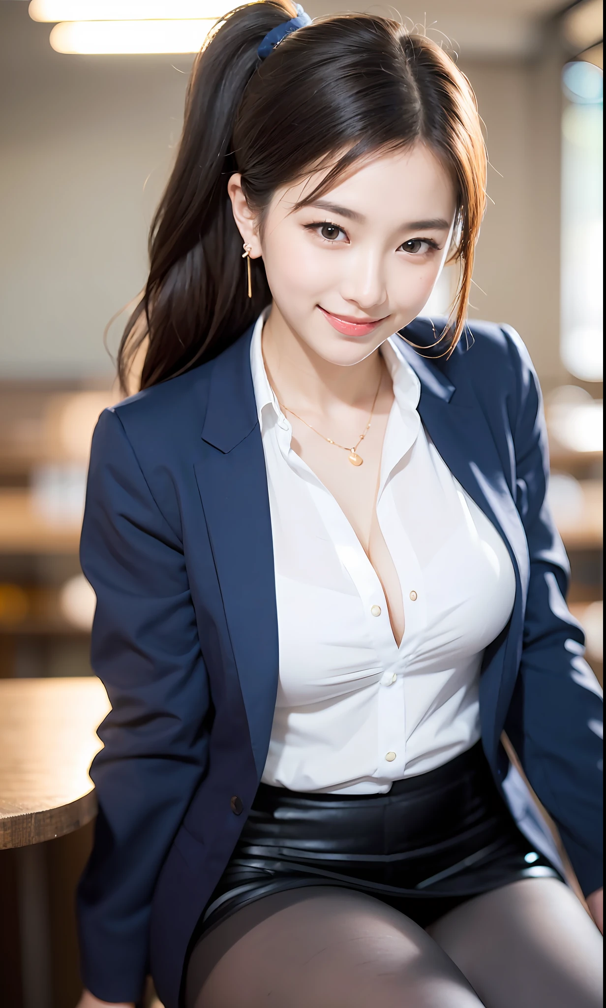 Delicate, Masterpiece, Beautiful Detail, Colorful, Fine Detail, Detail, Detail, Big Breasts, 1 Woman, (20 Year Old Beautiful Korean Woman: 1.1), (KPOP Idol, Korean Mix), (50mm Sigma f/1.4 ZEISS Lens, F1.4, 1/800s, ISO 100, Photo: 1.1), (Ponytail + Blonde: 1.2), Realistic: 1.4), (Spy: 1.2), (dark blue open jacket, shirt, skirt, tie, black pantyhose, Christian Louboutin \ (brand\): 1.3), earrings, necklace, armlets, (tavern: 1.2), (beautiful legs, tall woman, skinny, slim legs, thigh gap, model: 1.2), lens flare, happy smile from the front: 1.1), Dynamic pose, (make: 1.2), sitting on bar stools, Nogizaka idol, Korean idol, actress, gravure idol, armpit, arms crossed, android