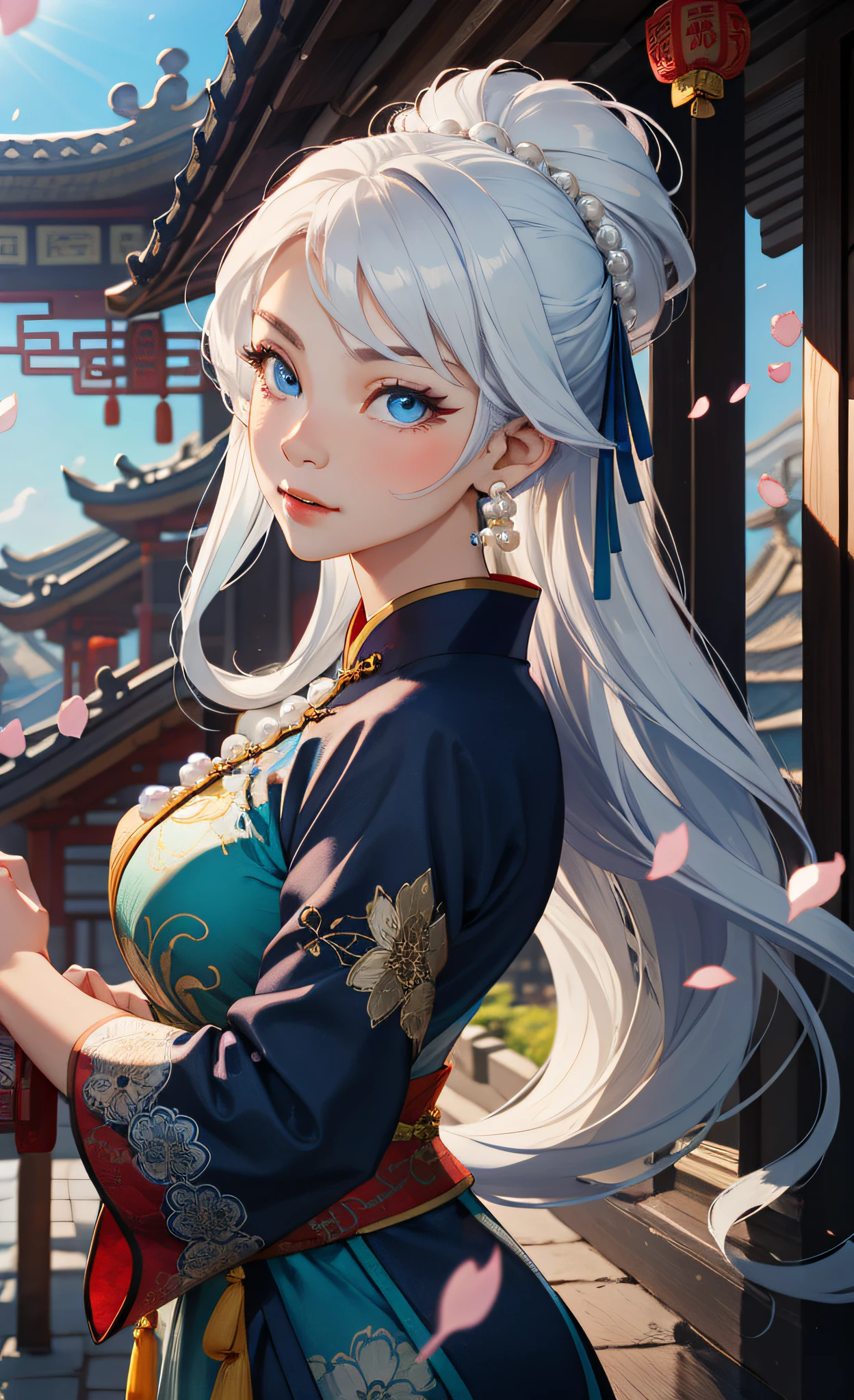 Mature girl, blue eyes, blue-white hair color, floating hair, delicate and flexible eyes, intricate damask Hanfu, gorgeous accessories, wearing pearl earrings, FOV, f/1.8, masterpiece, ancient Chinese architecture, blue sky, flower petals flying, front portrait shot, Chang'e, side lighting, sunlight on people, 8K