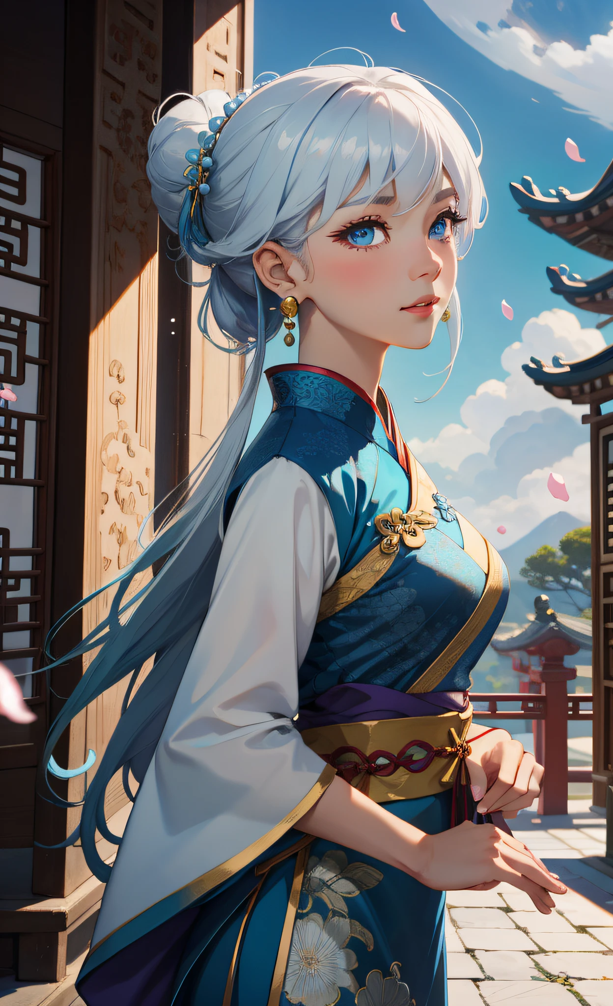 Mature girl, blue eyes, blue-white hair color, floating hair, delicate and flexible eyes, intricate damask Hanfu, gorgeous accessories, wearing pearl earrings, FOV, f/1.8, masterpiece, ancient Chinese architecture, blue sky, flower petals flying, front portrait shot, Chang'e, side lighting, sunlight on people, 8K