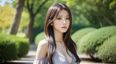 Pretty Japan Woman shoulder-length hair, thin makeup, medium breast size, wearing dress, in the park, clear facial features, 8K high resolution, 16:9, sharp and realistic details, from the outside, eye level shot, f/1.4.0, 135mm, Fujifilm, JPEG artifact, d...