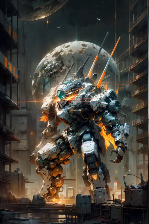 on the moon, barren planets, ruins, holding_weapon, no_humans, bright, robot, construction, glowing_eyes, orange mecha, fighting...