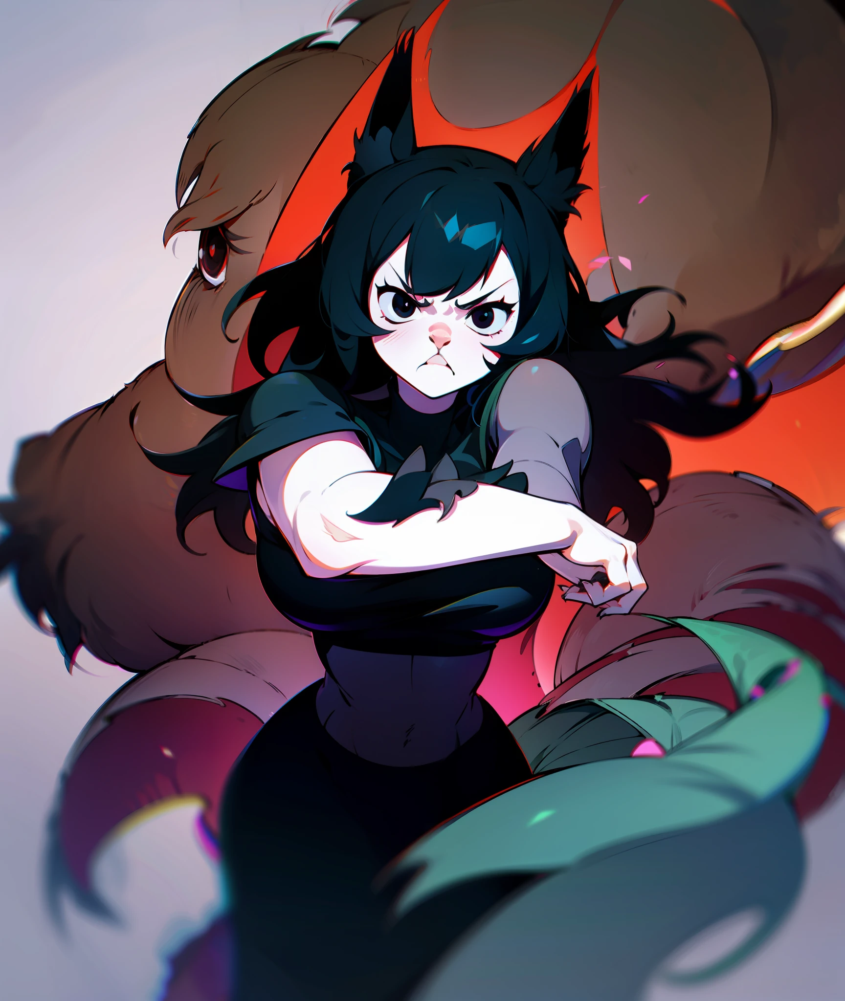 1girl, black hair, monk, wolf girl, wolf ears, wolf tail, busty, furry, angry, black eyes, black clothing, goth, emo, tall, grey fur, mean