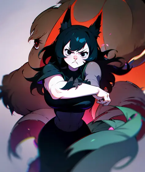 1girl, black hair, monk, wolf girl, wolf ears, wolf tail, busty, furry, angry, black eyes, black clothing, goth, emo, tall, grey...