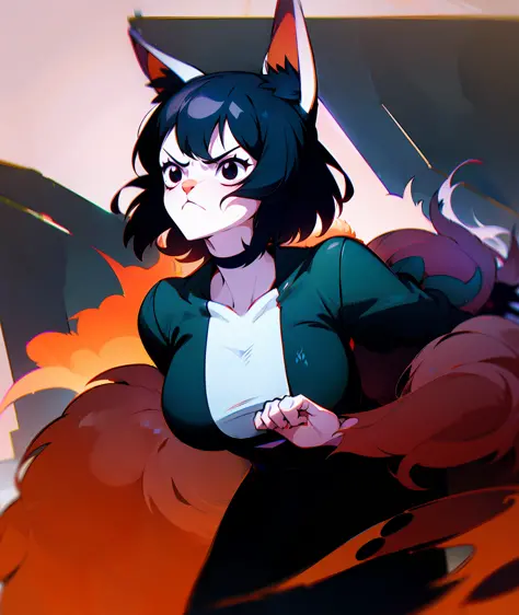 1girl, black hair, monk, wolf girl, wolf ears, wolf tail, busty, furry, angry, black eyes, black clothing, goth, emo, tall, grey...