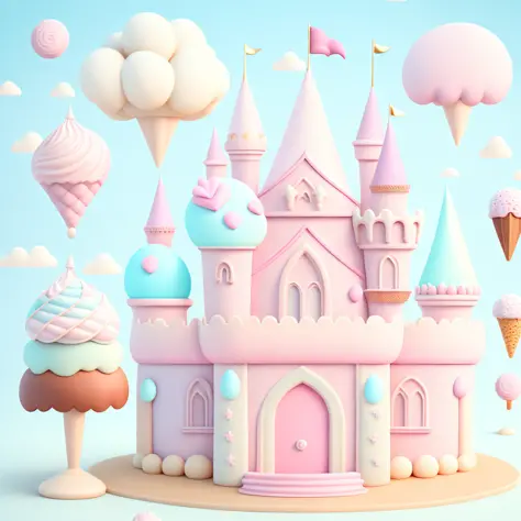 Pastel cartoon style castle, gorgeous castle, chocolate, candy, ice cream roof