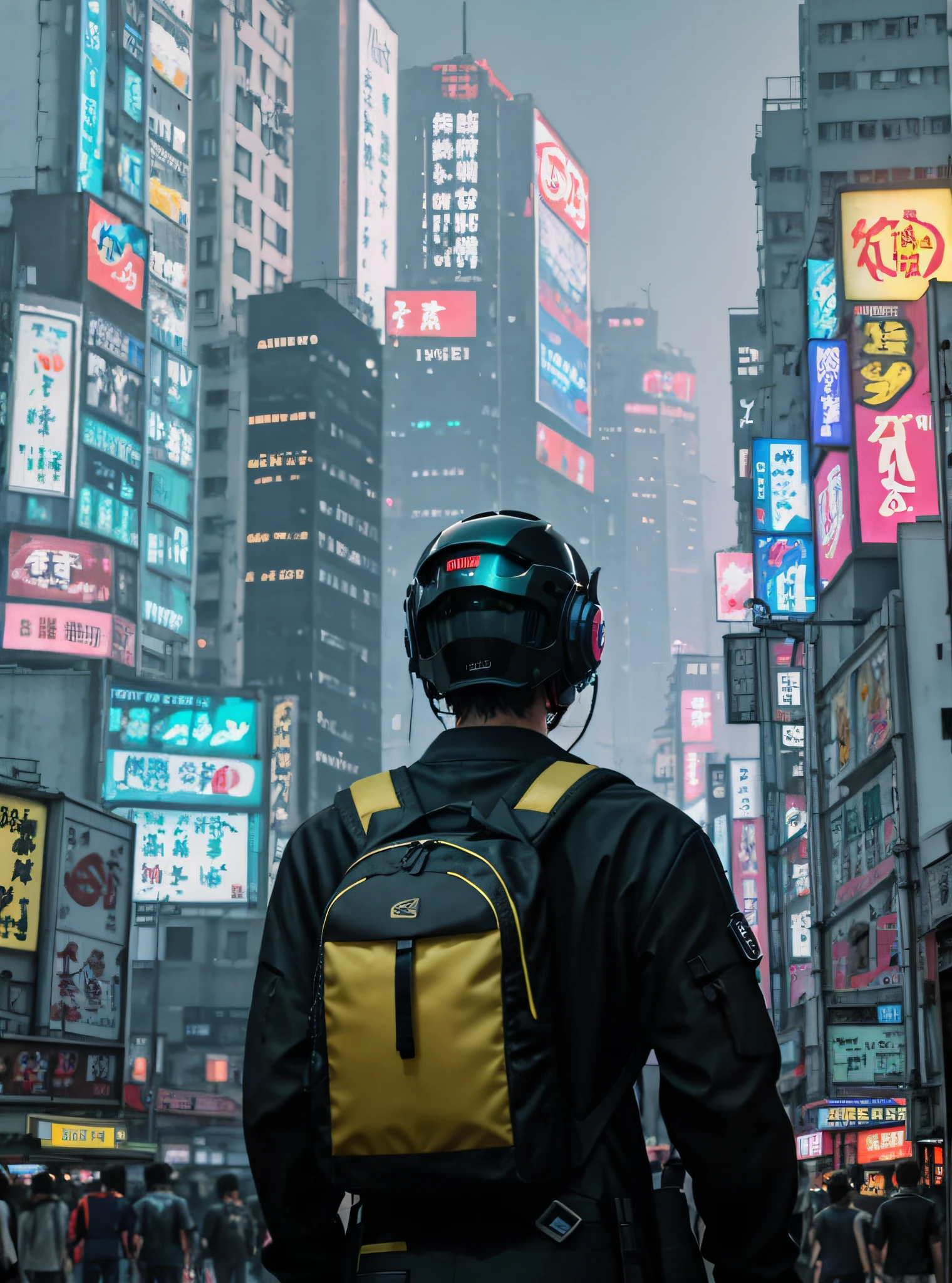 8K, Ultra HD, Best Quality, Extreme Detail, There is a man standing in front of a body of water, (wearing steel armor, carrying a mechanical backpack, wearing a mechanical helmet), in front of a sci-fi cityscape, Makoto Shinkai. Octane rendering, cyberpunk Hiroshima, Tokyo futuristic in background, stills of Kowloon, in cyberpunk city, inspired by Liam Wong, neon megacity in background, changing carbon fiber style, neon city in background, in futuristic cyberpunk city