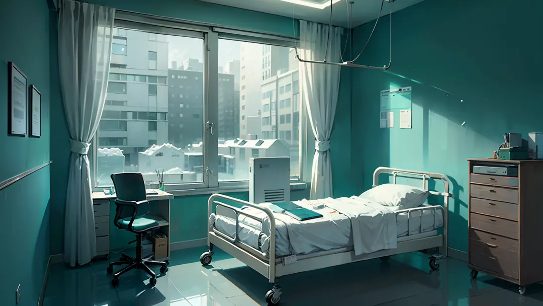 (((infirmary))), ((white room)), ((arctic tundra outside window)), computer desk, neon lights, neon trim, (high quality, best qu...