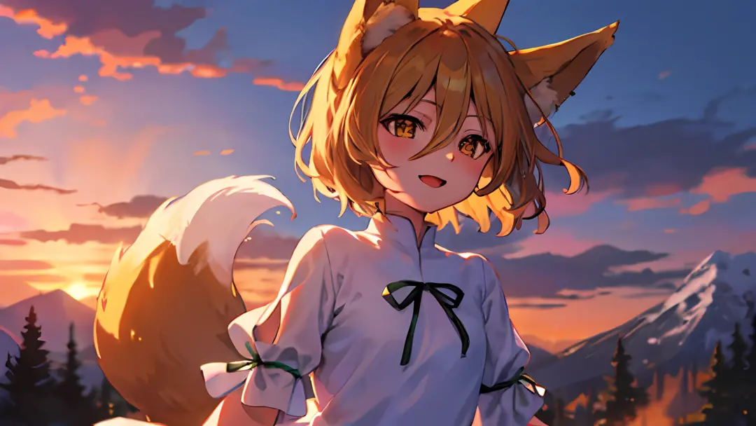 kudamaki tsukasa, fox ears, fox tail, hair between eyes, white romper, green ribbon, mountain, sunset, short hair,