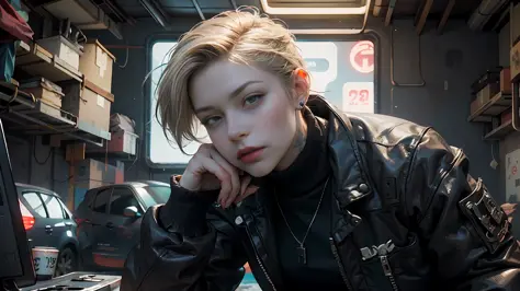 Cinematic landscape, ((Best quality)), ((masterpiece)), (highly detailed:1.3), 3D, beautiful (cyberpunk:1.3) hacker woman with straight blonde hair, short side cut hair, in a garage with futuristic cars, nsfw, tattoo, night