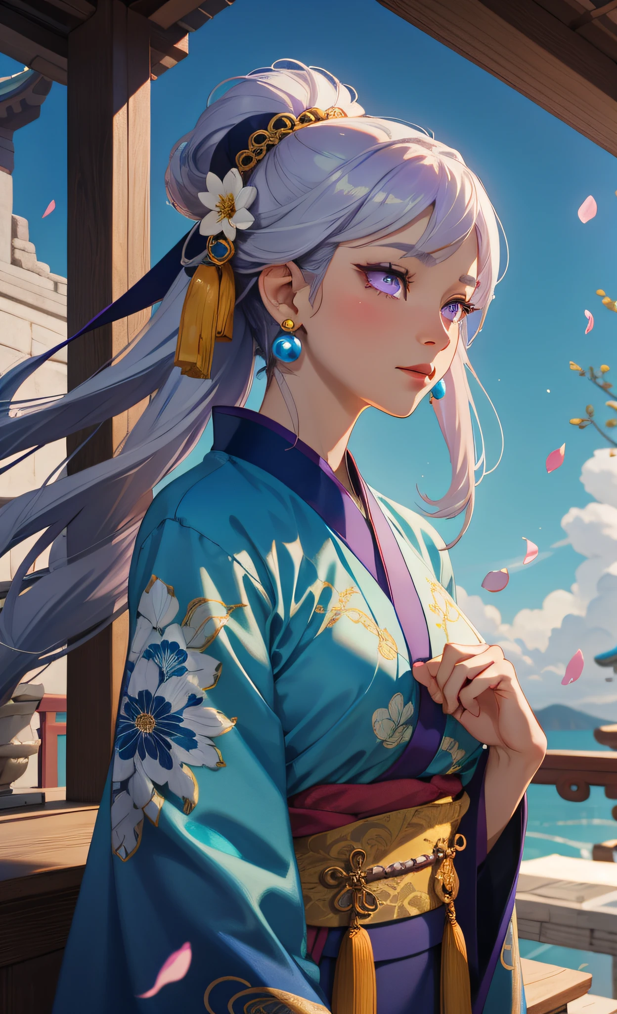 Mature girl, purple eyes, blue-white hair color, floating hair, delicate and flexible eyes, intricate damask hanfu, gorgeous accessories, wearing pearl earrings, fov, f/1.8, masterpiece, ancient Chinese architecture, blue sky, flower petals flying, front portrait shot, Chang'e, side lighting, sunlight on people, 8K