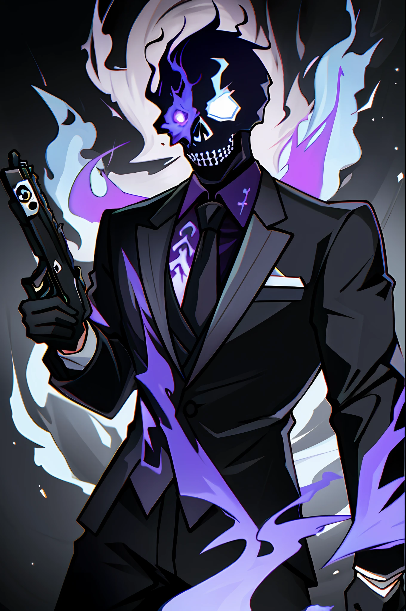 solo, tie, black suit, upper body, black pants, purple fire with blue details, skull with red smoke with purple and blue details, blue fire on the skull, dark negative aura around, bloodthirsty look, purple pupils coming out smoke, holding a revolver, tie half blue half purple, one slit eye