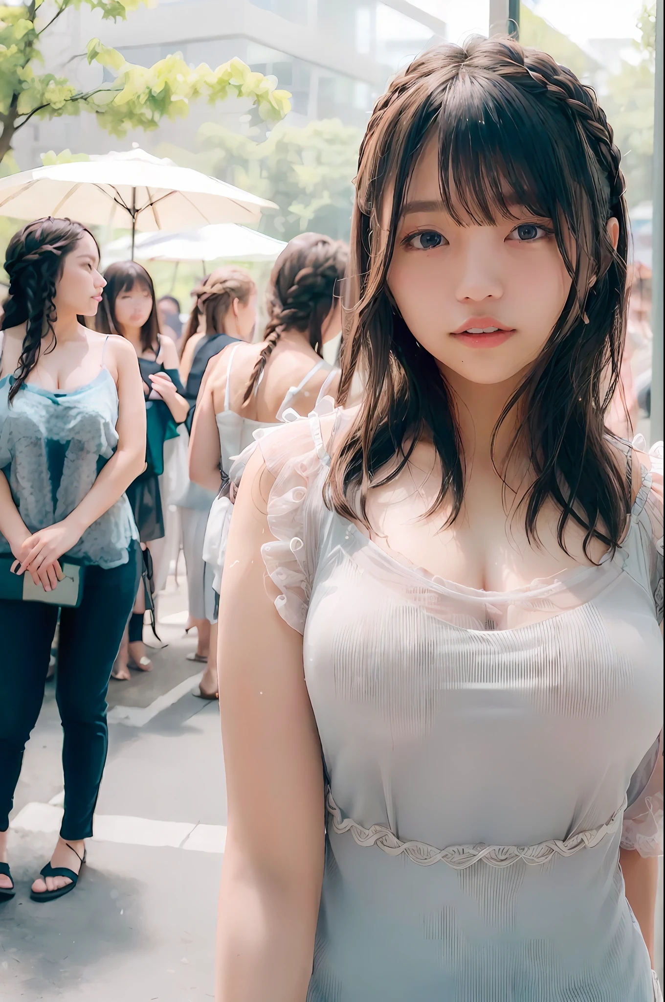 Masterpiece, top quality, 1 girl, (Skindentation), (Huge breasts), (Day), Bright, Blurred background, Outdoors, (Street:0.6), (People, Crowd:1), (Braided bangs, Wavy hair:1.5), (See-through shirt: 1.8), (Camisole:1.8),Gorgeous, (Floating hair:1.2), (Dynamic poses: 1.8), Soft lighting, Wind, Garden