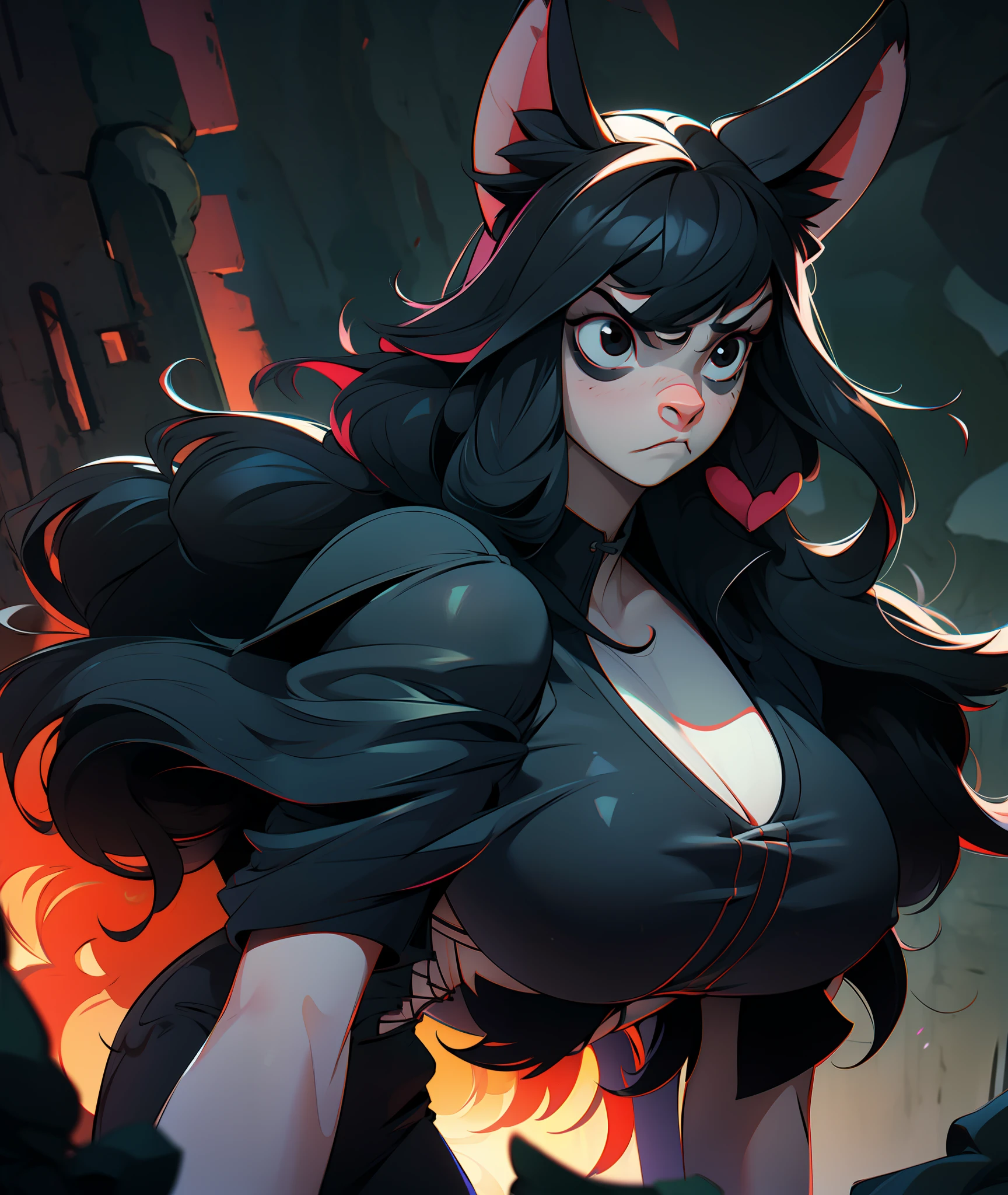 1girl, black hair, monk, wolf girl, wolf ears, wolf tail, busty, furry, angry, black eyes, black clothing, goth, emo, tall, grey fur, mean