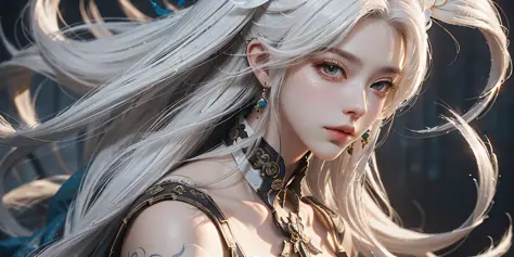 Close-up of a woman with white hair and white mask, beautiful figure painting, Guvitz, Guvitz style artwork, white-haired god, Yang J, epic fine character art, amazing character art, Fan Qi, slender legs, high heels, Wu Jun Shifan, Gu Vitz in pixiv art sta...