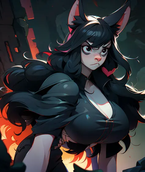 1girl, black hair, monk, wolf girl, wolf ears, wolf tail, busty, furry, angry, black eyes, black clothing, goth, emo, tall, grey...