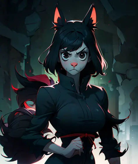 1girl, black hair, monk, wolf girl, wolf ears, wolf tail, busty, furry, angry, black eyes, black clothing, goth, emo, tall, grey...